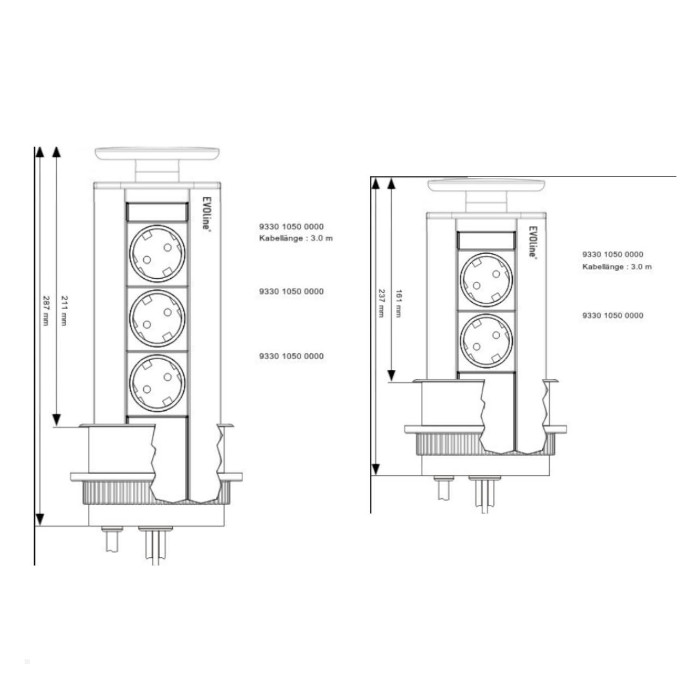 Evoline Port Cuisine 3-fach versenkbare Steckdosenleiste, Silber/Schwarz