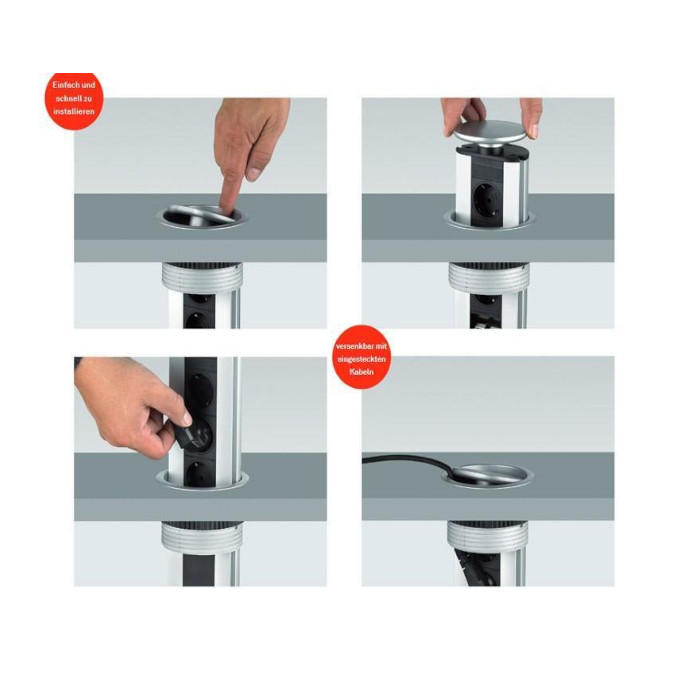 Evoline Port Cuisine 3-fach versenkbare Steckdosenleiste, Silber/Schwarz